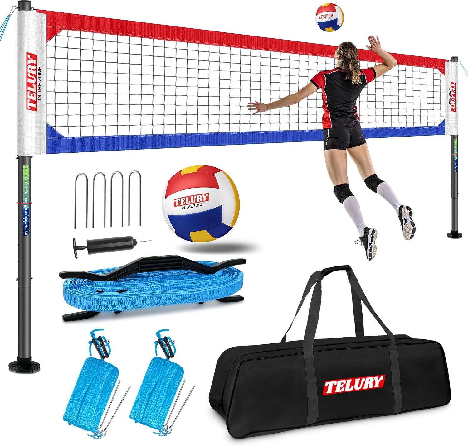 Heavy Duty Professional Volleyball Net Set Aluminum Poles, 32 ft Regulation Portable for Outdoor Backyard Beach