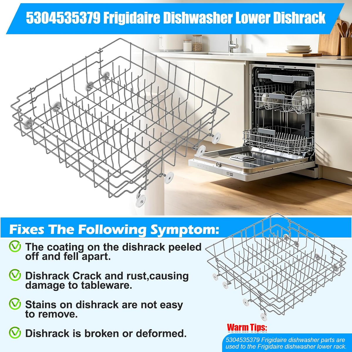 UPGRADE 5304535379 Dishwasher Lower Dishrack Compatible with Frigidaire Dishwasher Rack Replacement Parts,5304535379 154331605 FDB1050RES0 Frigidaire Kenmore Dishwasher Bottom Rack Parts with Wheels