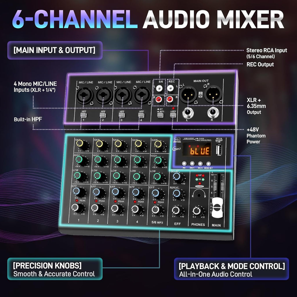 6-Channel Audio Mixer for Beginners with Bluetooth USB/MP3 Sound Card | Easy Setup DJ Mixer with DSP Effects & 48V