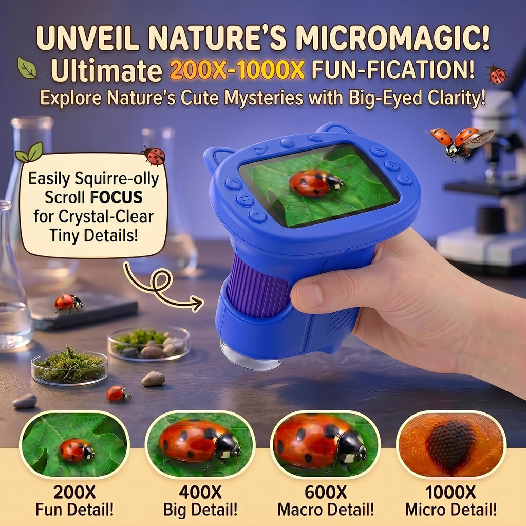 Kids Microscope, 1000X Handheld Digital Pocket Microscope with 2.4" IPS Screen & 8 LEDs, Rechargeable STEM