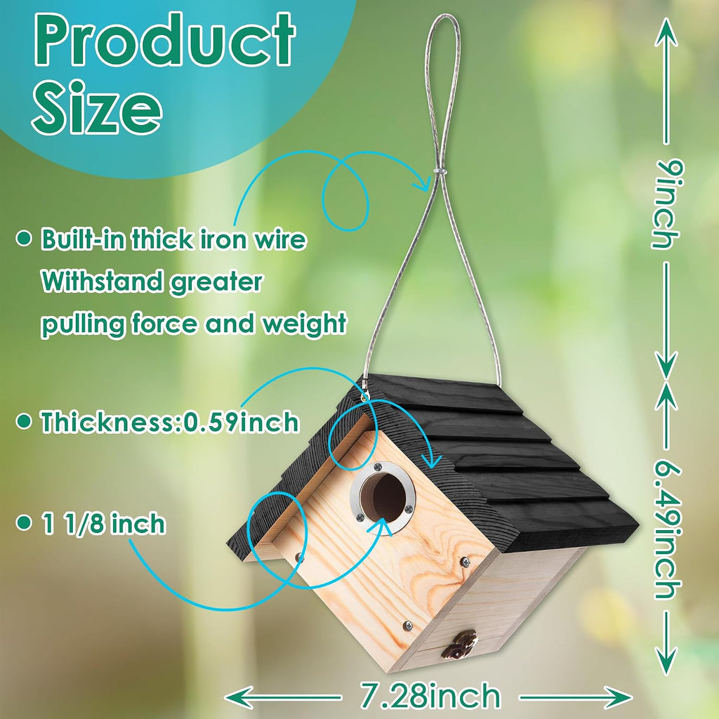 1 Pack Wren House, 1-1/8'' Entrance Hole Hanging Wooden Wren Bird Houses for Outside with Metal Guard, Air Vents