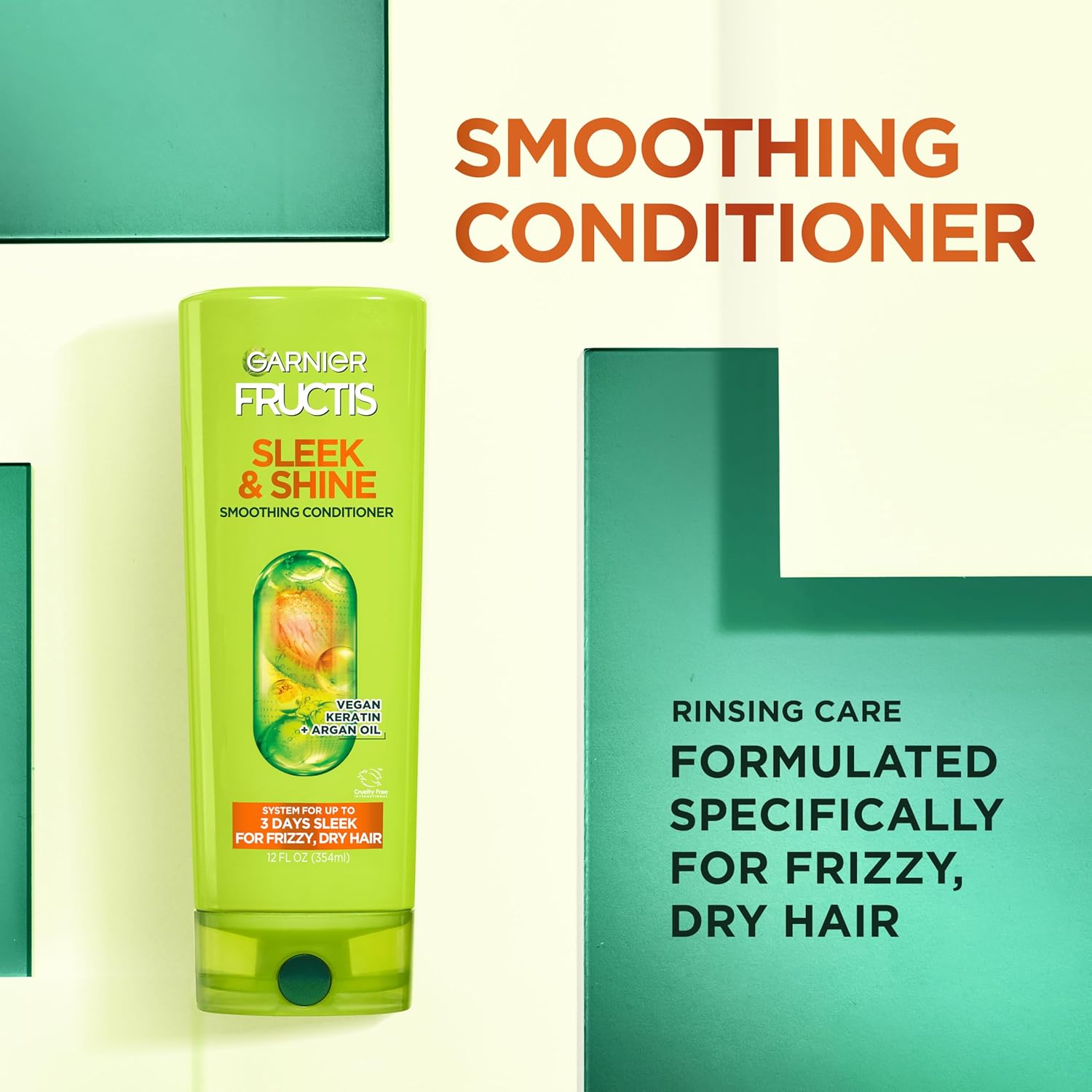 Fructis Sleek & Shine Shampoo, Conditioner + Leave-In Conditioer Set for Frizzy, Dry Hair, Plant Keratin + Argan Oil