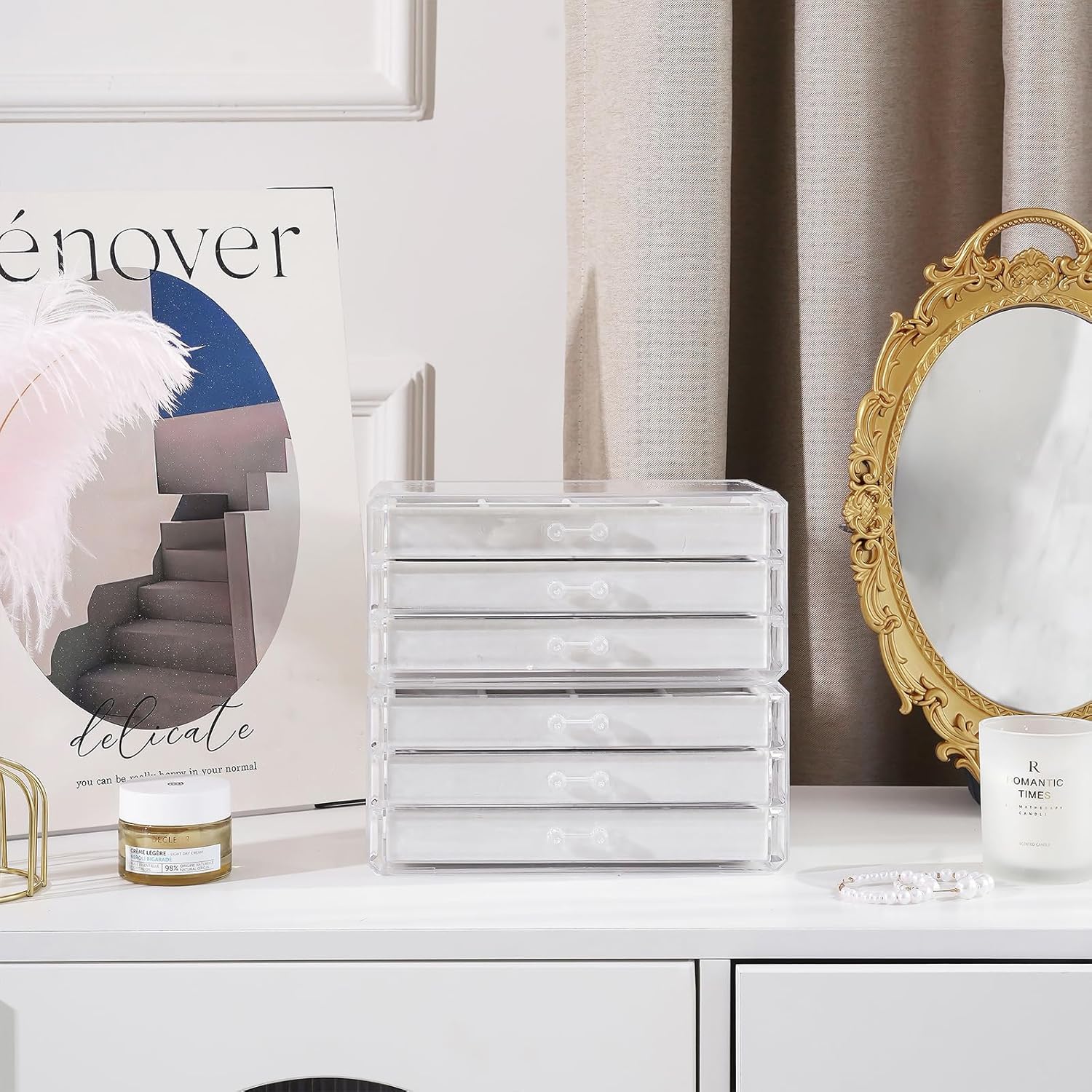 Earring Holder Organizer Box Jewelry Storage with 6 Drawers, Clear Acrylic Stackable Earring Case with Adjustable