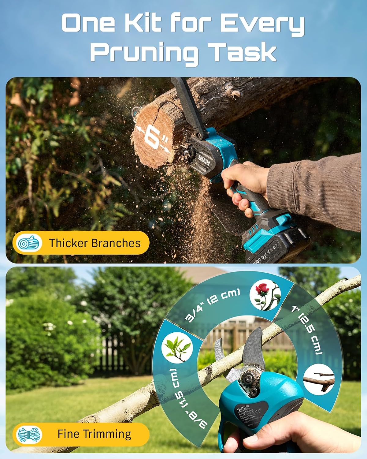 2-in-1 Mini Chainsaw & Pruning Shears Combo, Brushless Motor | 6 Inch Cordless Chain Saw, 1.2" Electric Pruner with
