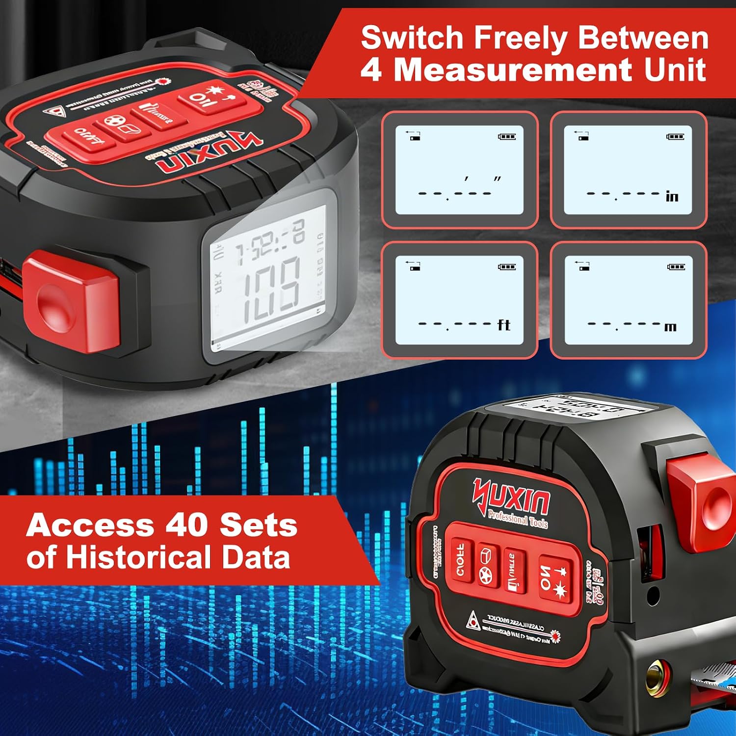 3-in-1 Laser Tape Measure - 196ft Max Laser Distance Meter & 16ft AutoLock Measuring Tape, ±1/16" Professional