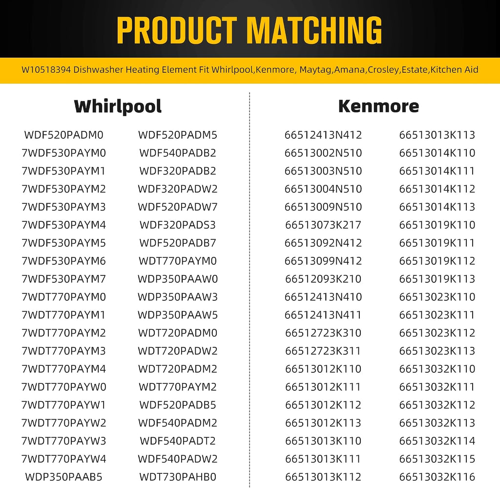 WDF520PADM7 WDT730PAHZ0 Dishwasher Heating Element for Whirlpool WDP540HAMZ WDT720PADM2 WDF520PADM3 WDT750SAHZ0 WDF510PAYS6 WDT710PAYM5 WDF520PADM9 WDT710PAYM WDT730PAHZ WDT750SAHZ0 WDF520PADM