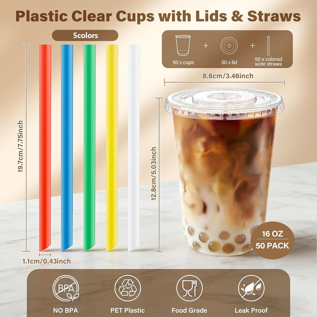 50Pack 16oz Clear Plastic Boba Cups with Lids and Colorful Straws