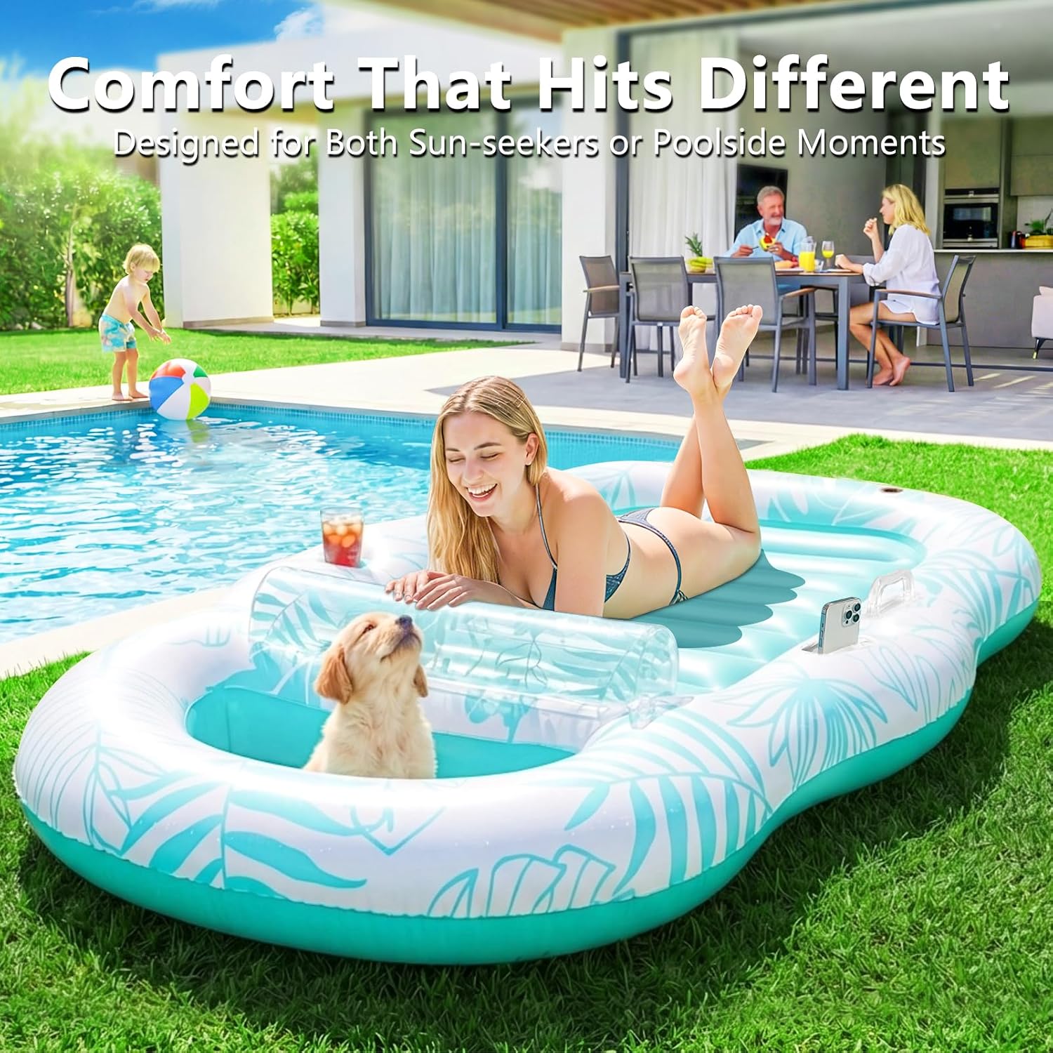 Inflatable Pool Floats Adult, 87"x 47" Large Pool Lounger Float with Storage Cooler for Pets, 2 in 1 Tanning Pool