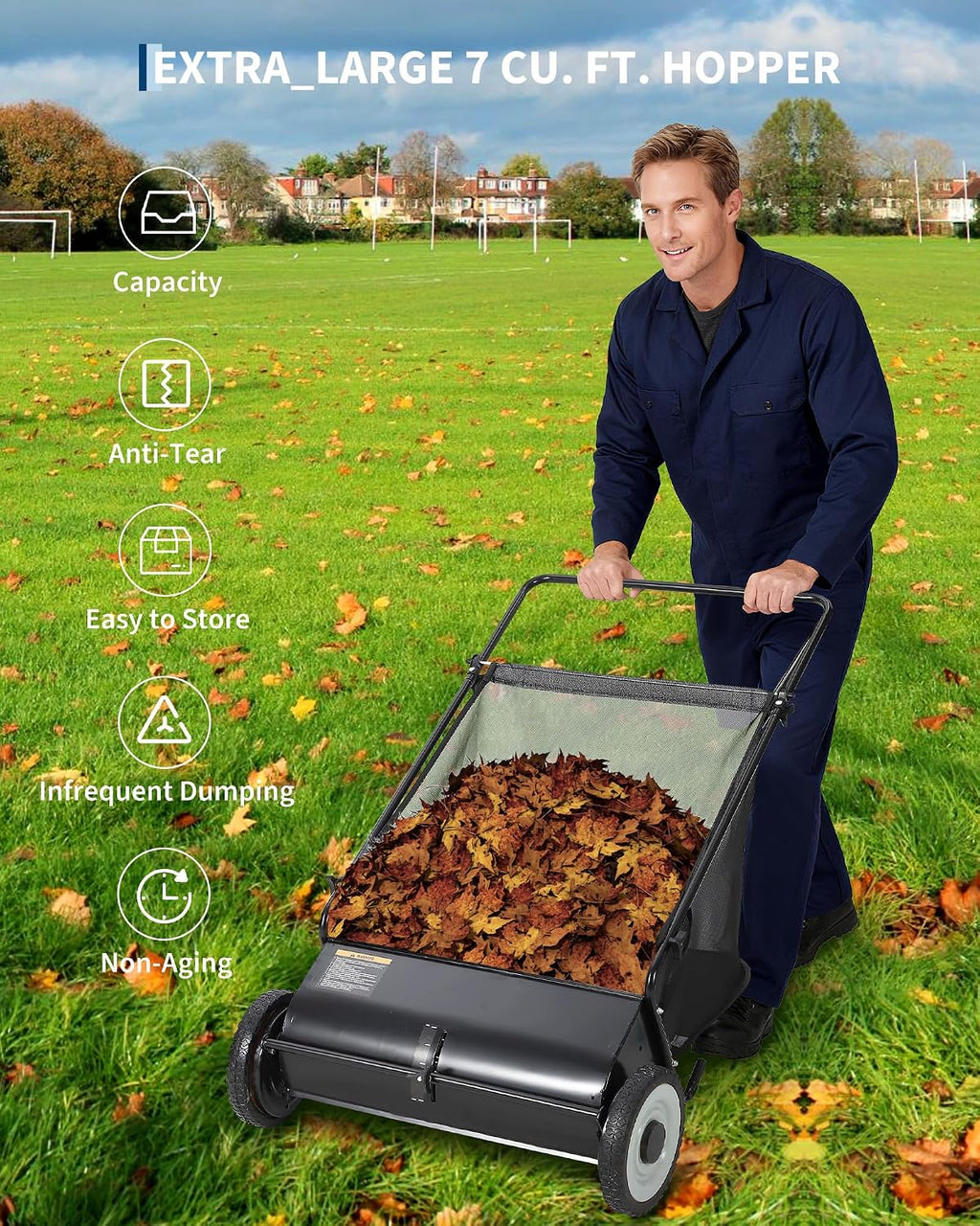 26 Inch Push Lawn Sweeper with 4 Spinning Brushes, 7 Cu.ft Large Capacity Leaf Collector, Adjustable Height Grass