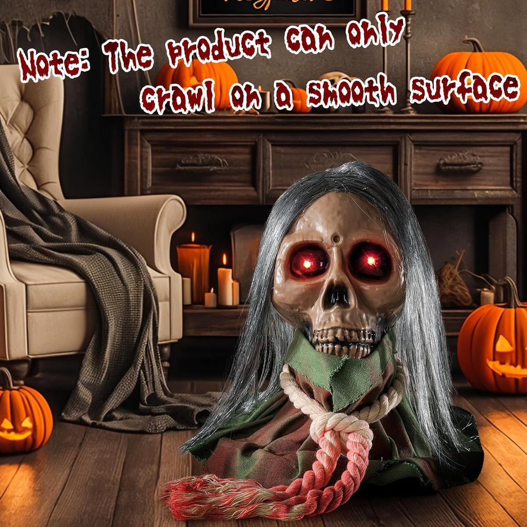 Halloween Animatronic Decorations,Creepy Moving Skeleton Prop with Sounds and Flashing Red Eyes,Voice-Activated
