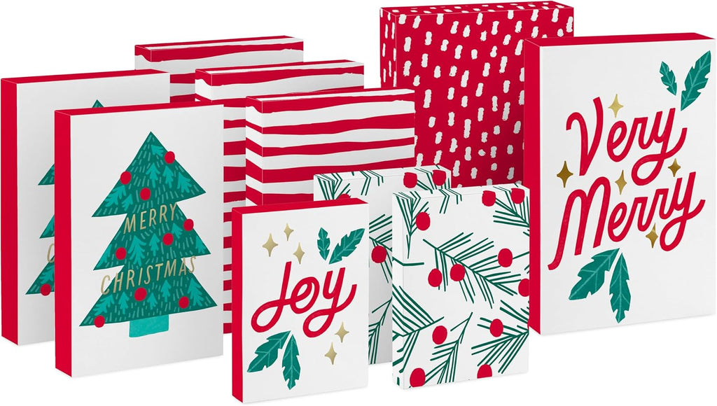 Christmas Gift Boxes with Lids, Assorted 10-Pack (Red and White)