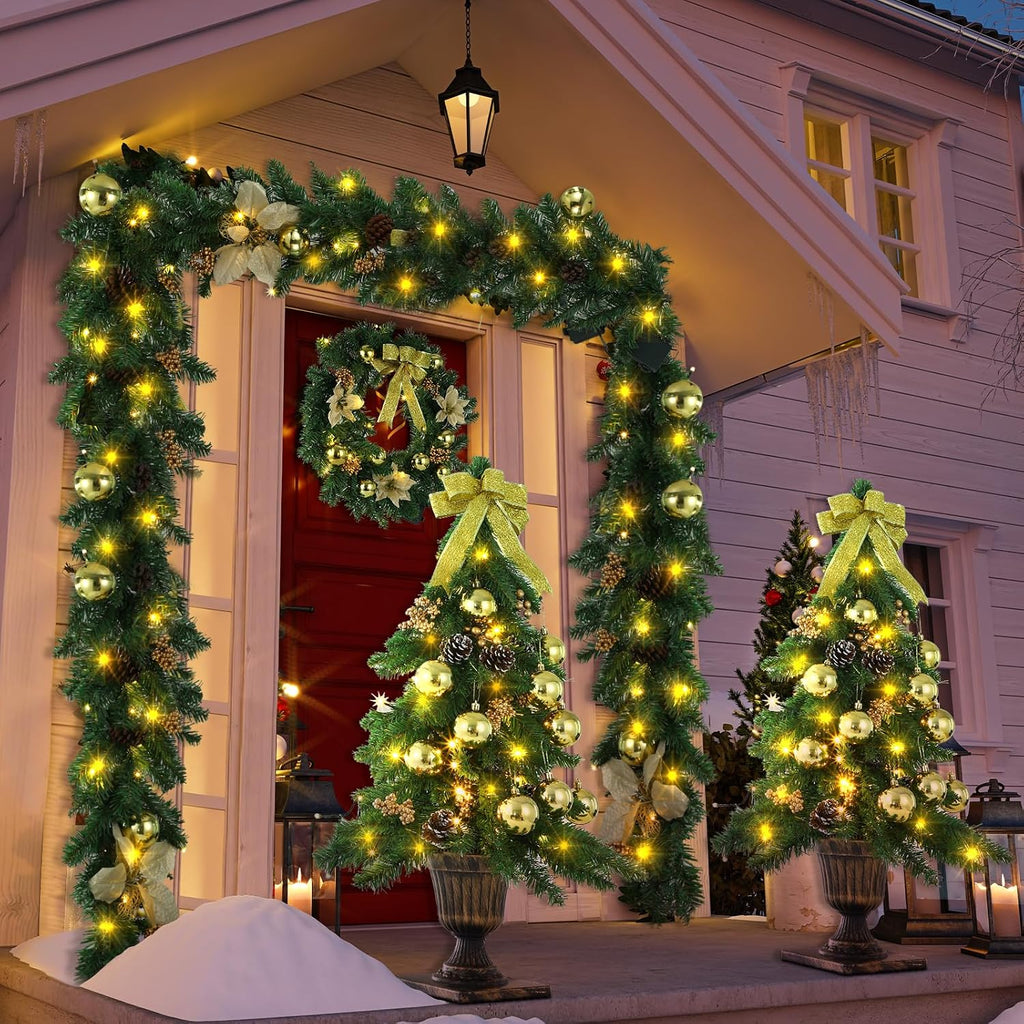 4 Piece Pre Lit Gold Christmas Garland and Wreath Set 3 ft Entrance Trees 17.72" Front Door Christmas Wreath 7.87 ft