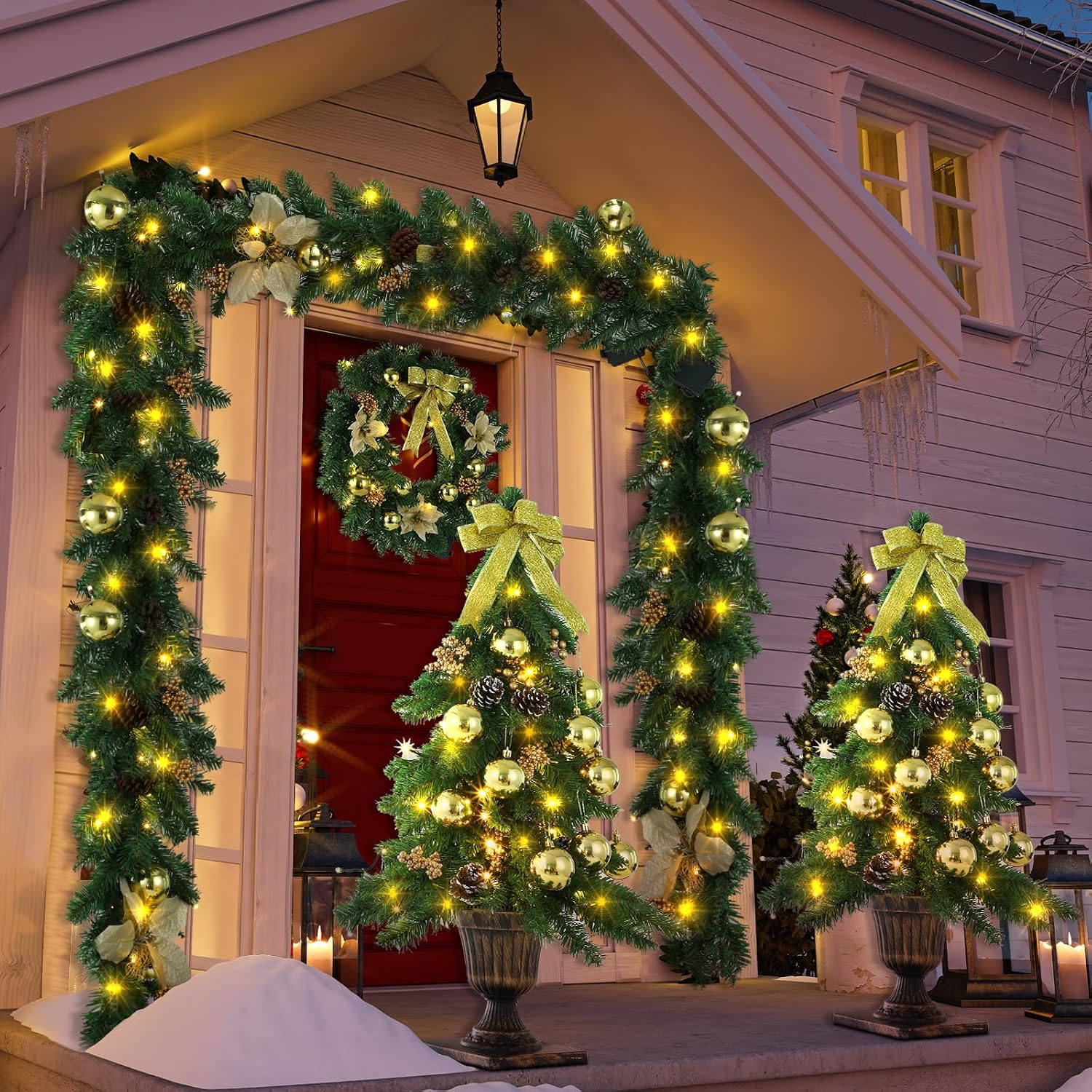 4 Piece Pre Lit Gold Christmas Garland and Wreath Set 3 ft Entrance Trees 17.72" Front Door Christmas Wreath 7.87 ft