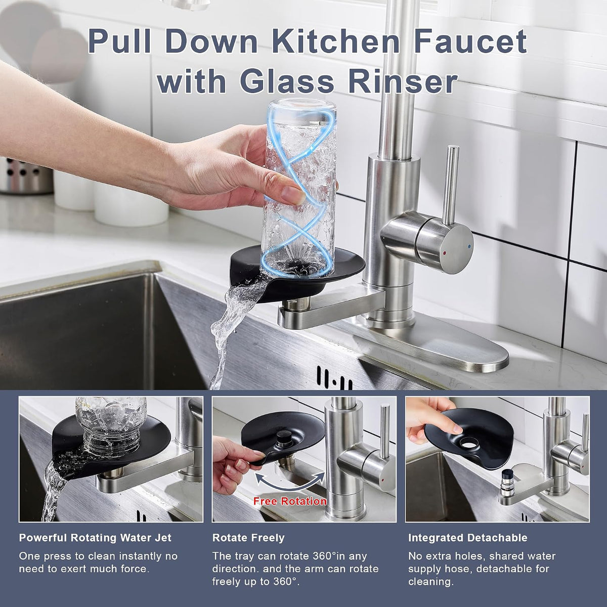 Pull Down Kitchen Faucet with Glass Rinser Single Handle Kitchen Sink Faucet with Pull Out Sprayer, Glass Rinser
