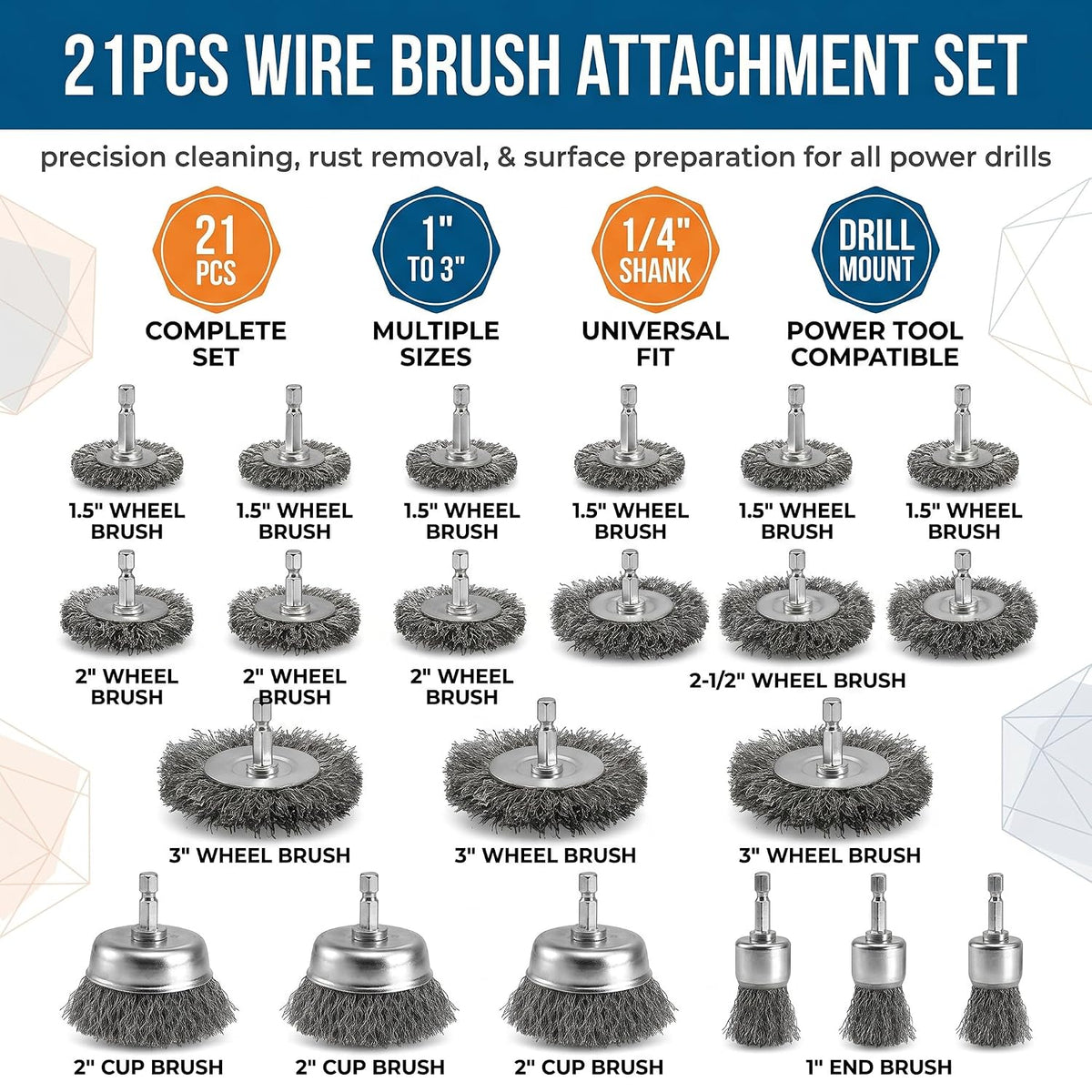 VESTTIO 21PCS Wire Brush for Drill, Carbon Steel Cup, End & Wheel Brush Set