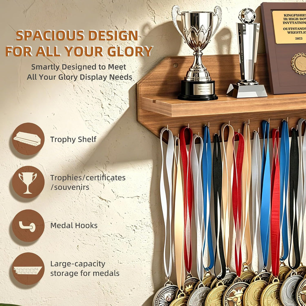 Medal Hanger Display - Wooden Trophy and Medal Display Shelf | Natural Solid Wood, Thickened Board, Anti-Slip Groove