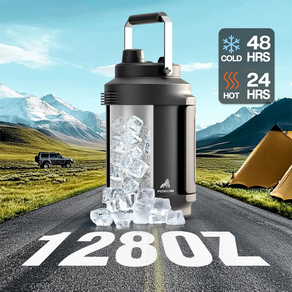 1 Gallon Insulated Water Bottle for Travel: 2-in-1 Straw Spout Lid, Dual Handle, Leakproof, Keep Cold 48H, 128oz