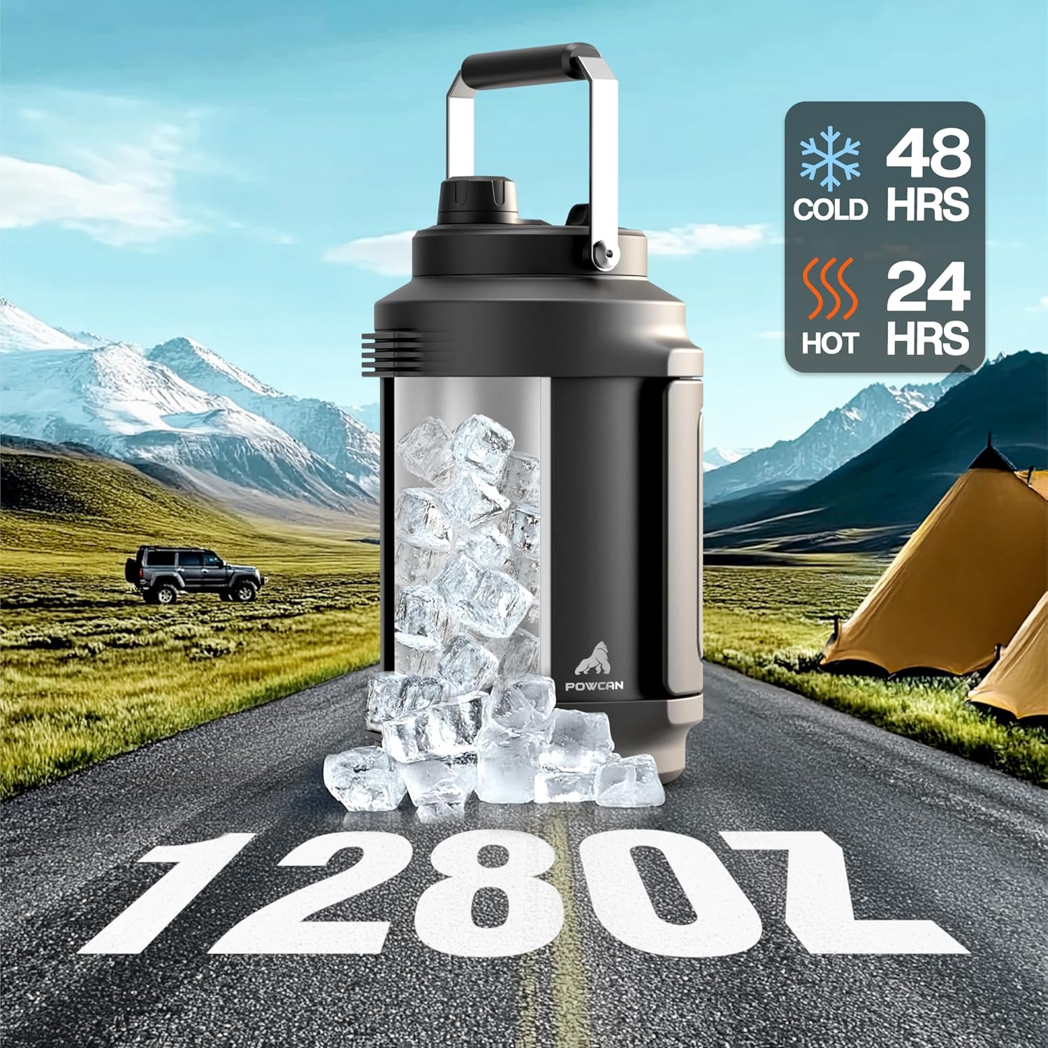 1 Gallon Insulated Water Bottle for Travel: 2-in-1 Straw Spout Lid, Dual Handle, Leakproof, Keep Cold 48H, 128oz