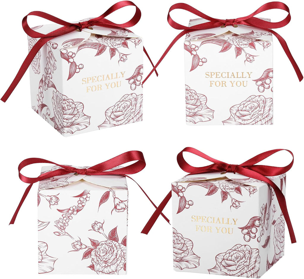 50pcs Rose Party Favor Boxes, 2.75 x 2.75 x 2.75 Inch Wine Red Candy Boxes with Ribbons for Wedding Bridal Baby