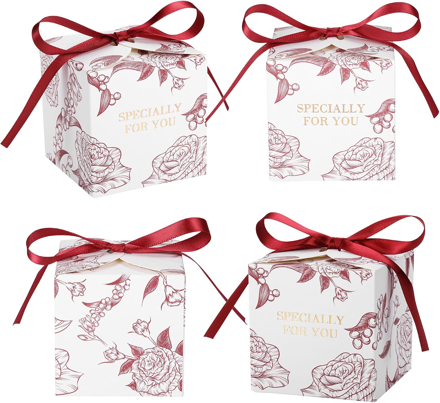 50pcs Rose Party Favor Boxes, 2.75 x 2.75 x 2.75 Inch Wine Red Candy Boxes with Ribbons for Wedding Bridal Baby
