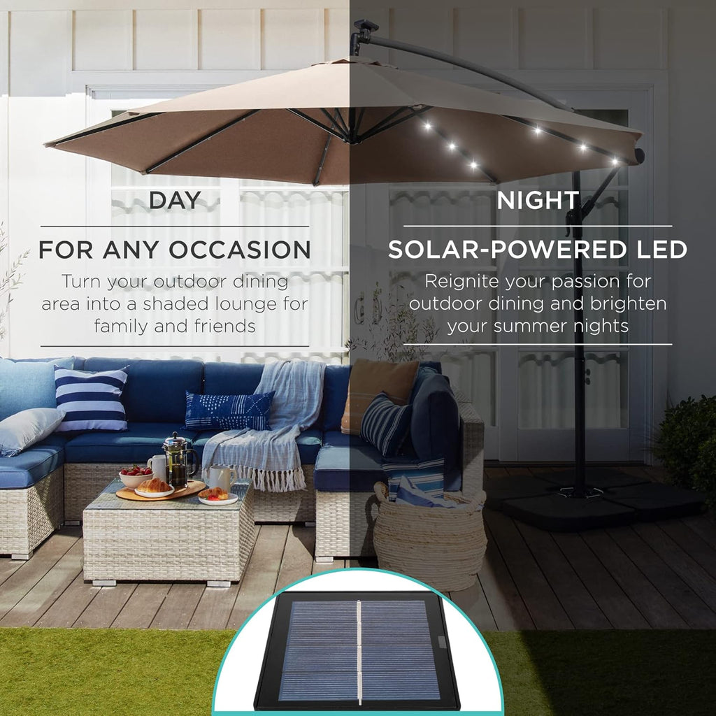 10ft Solar LED Offset Cantilever Hanging Market Patio Umbrella, 8 Sturdy Ribs, Easy Adjustment - Tan