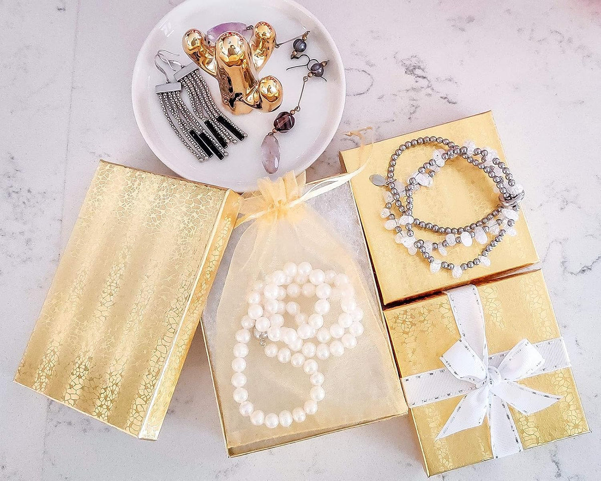TheDisplayGuys 100 Cardboard Jewelry Gift Boxes with Inserts - Gold Foil