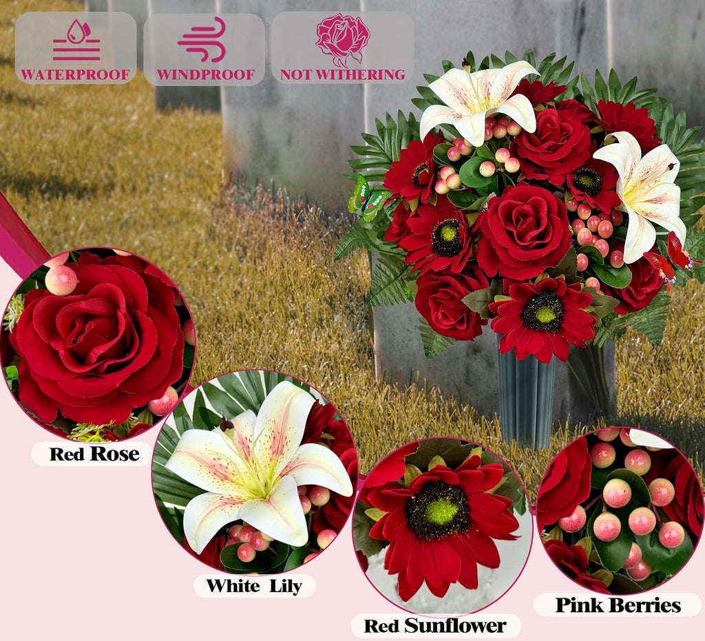 Artificial Cemetery Flower Bouquets and Headstone Flower Saddle for Grave,Three-Piece Set:Rose,Sunflower Rose