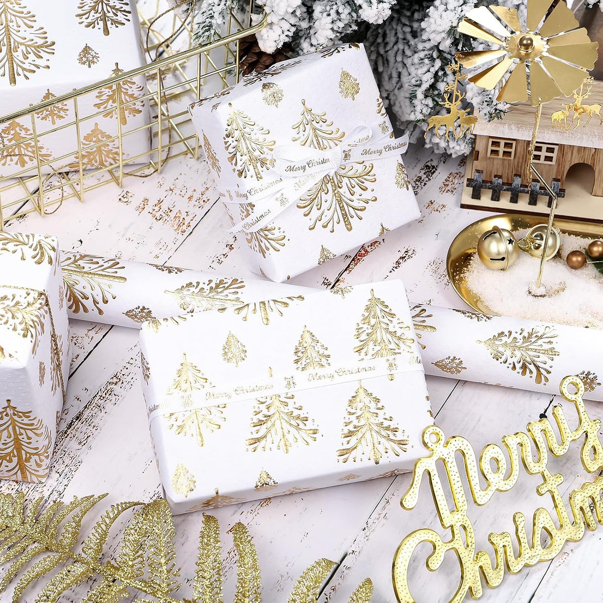 3D Kraft Christmas Wrapping Paper Roll - Mini Roll - 17 Inch x 16.5 Feet - Gold and White Christmas Tree Wrapping