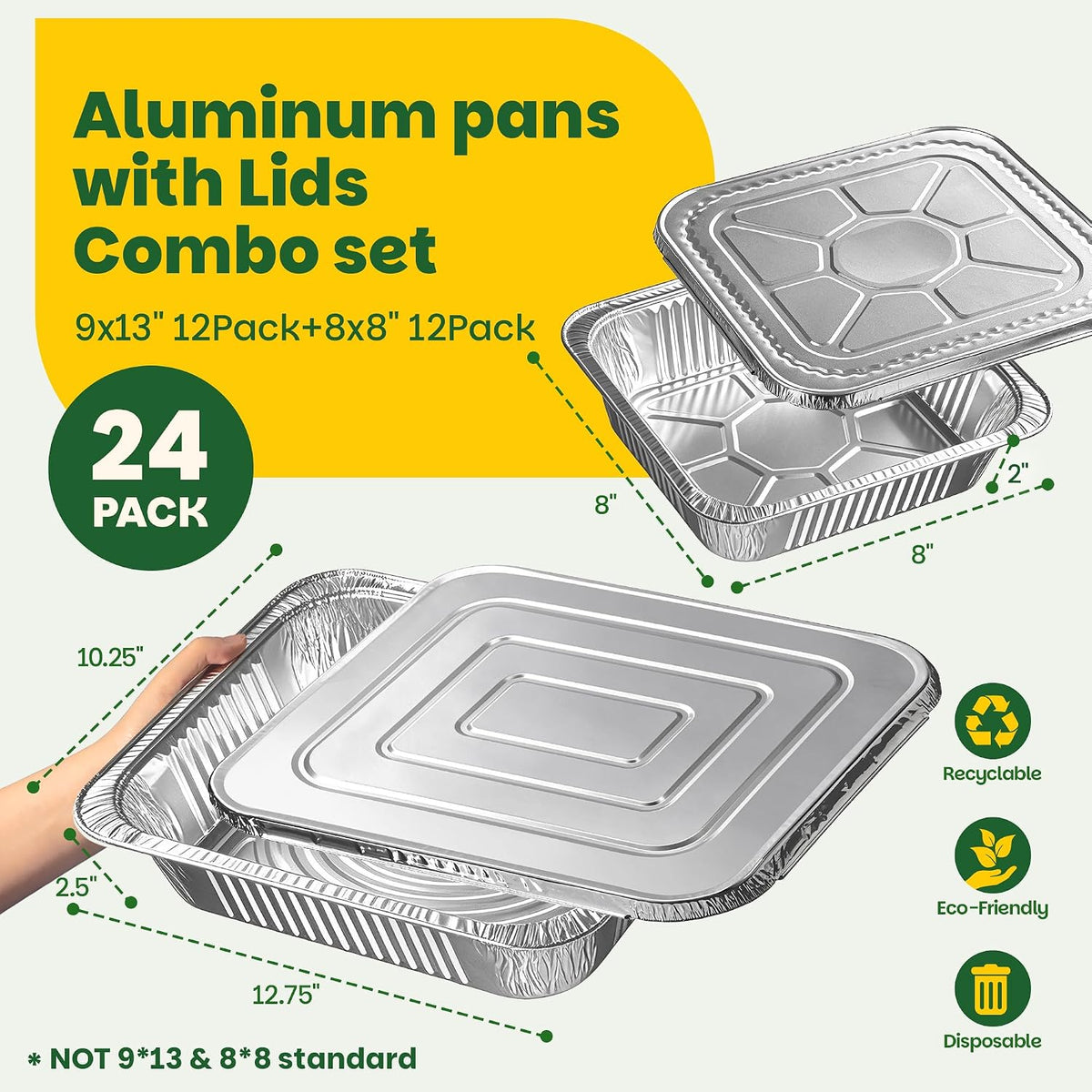 Aluminum Pans with Lids[24 Pack],Foil Pans with Lids 9x13[12pc] & 8x8[12pc]