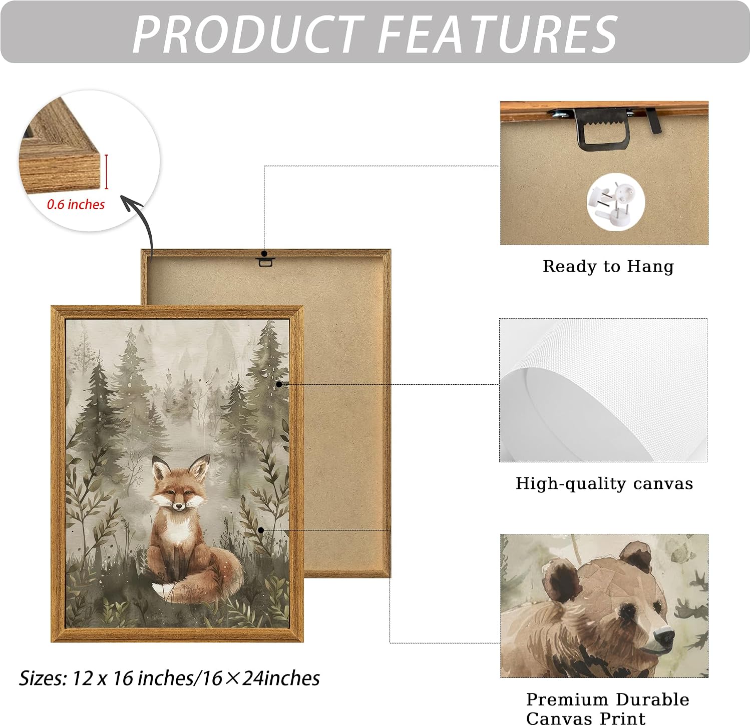 Woodland Animals Nursery Decor Framed Canvas Wall Art, 3pc 12x16 In | Cute Bear Fox Deer, Neutral Forest Animals