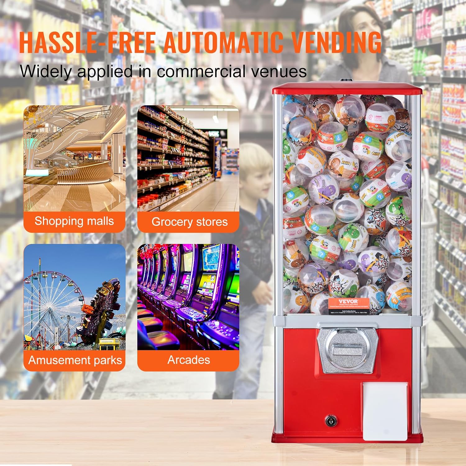 Gumball Machine, 25" Height Home Vending Machine, PS Bouncy Balls Dispenser, Hold 230 Capsule Balls, Rectangle Bubble