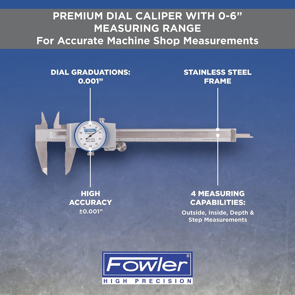 Fowler 52-008-706-0, Premium Dial Caliper With 0-6" Measuring Range (White)