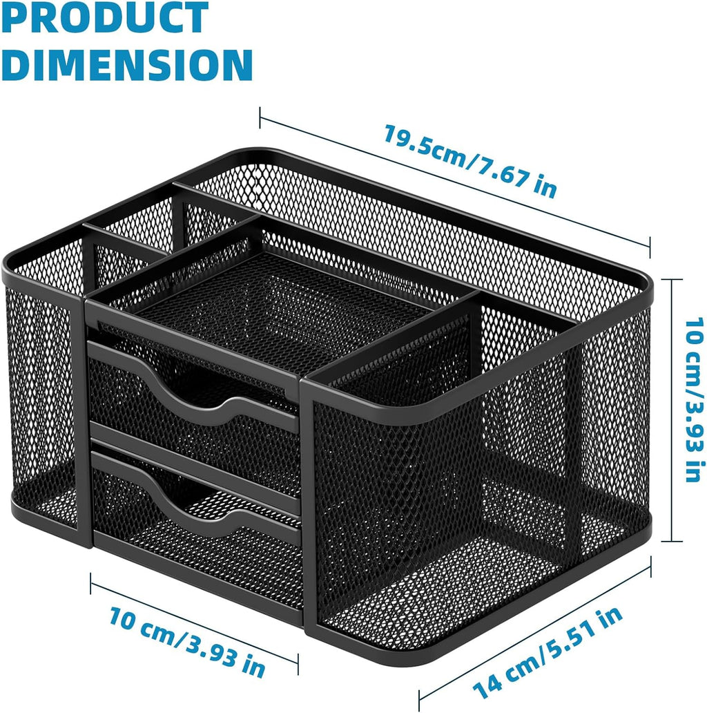Mesh Desk Organizer, Pen Organizer with 2 Drawer, Multi-Functional Pencil Holder, Desk Organizers and Accessories