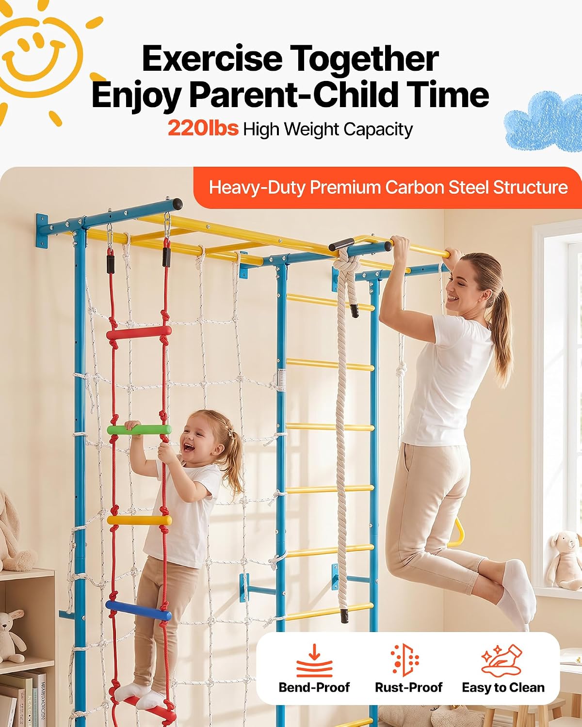 Indoor Jungle Gym for Toddlers, 7-in-1 Climbing Playset with Carbon Steel Swedish Ladder, Wall Ladder, Pull-Up Bar