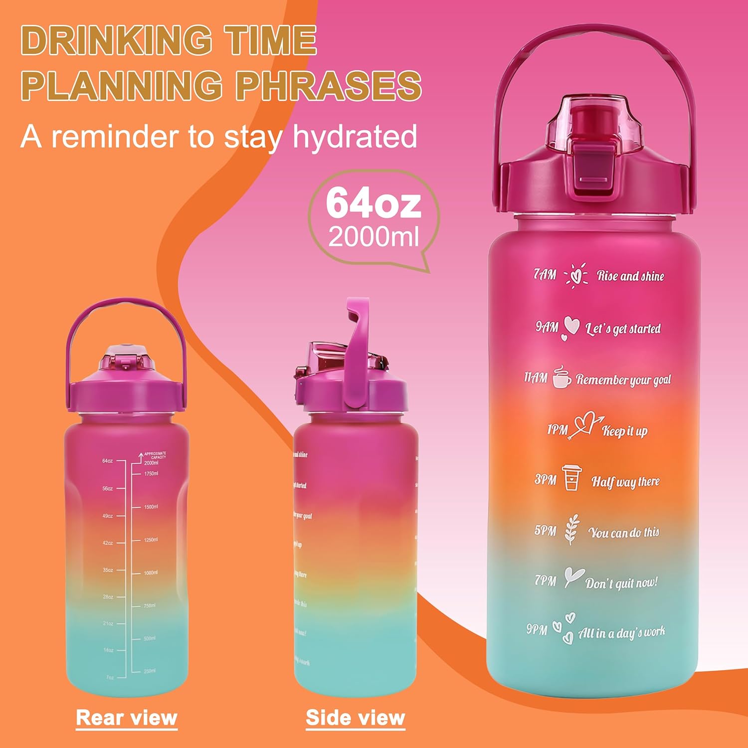 64 oz Motivational Water Bottle with Straw & Time Marker, Large BPA Free Leakproof Water Jug, Half Gallon Sports