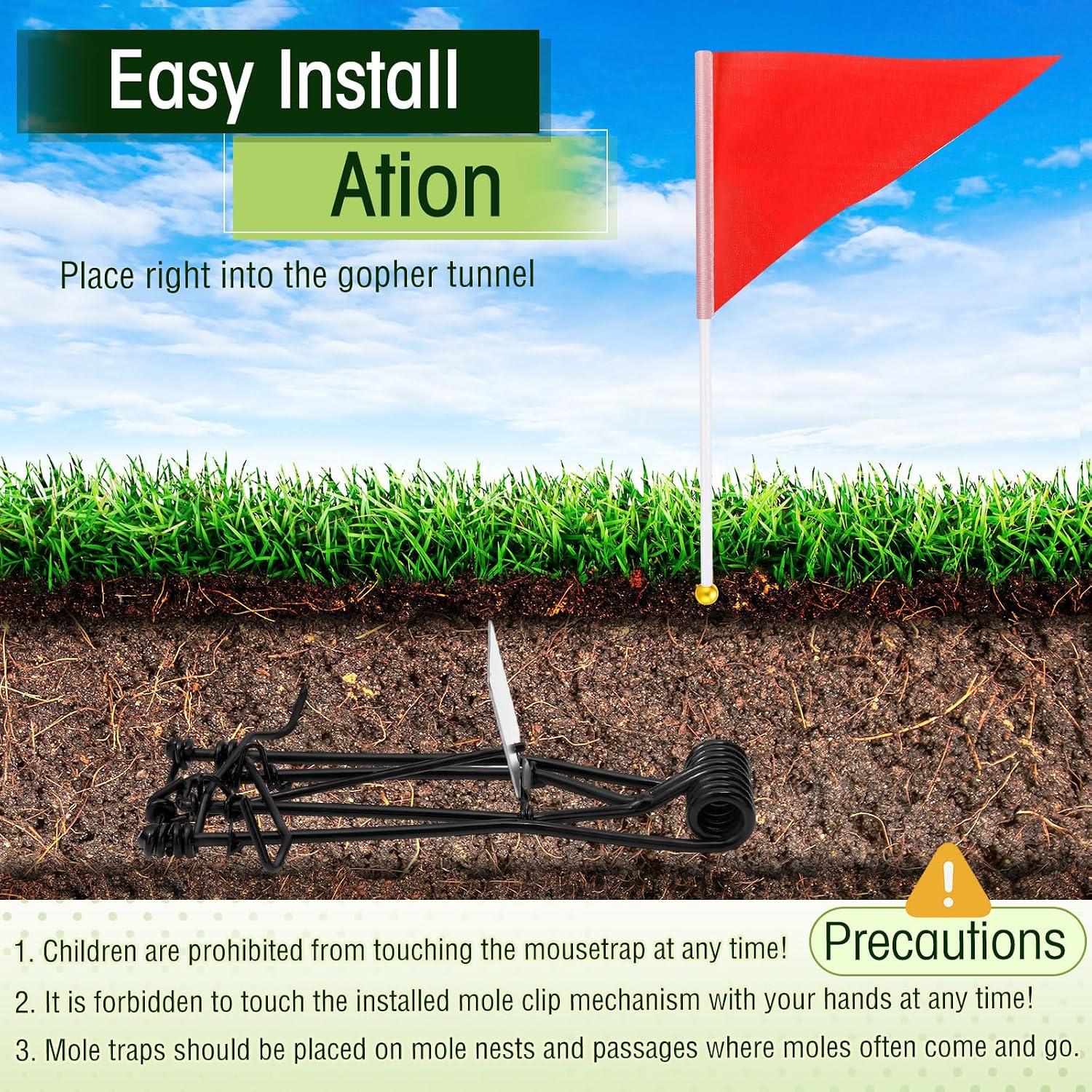 8 Set Outdoor Gopher Traps Bulk - Reusable Galvanized Gopher Trap with Red Stick Flags Weather Resistant Mole Vole
