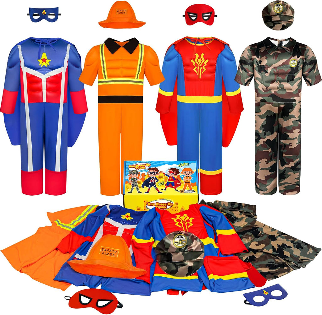 Boys Muscle Dress up Trunk: Superhero Construction Worker Military Costume | Kids Pretend Role Play Costumes Set