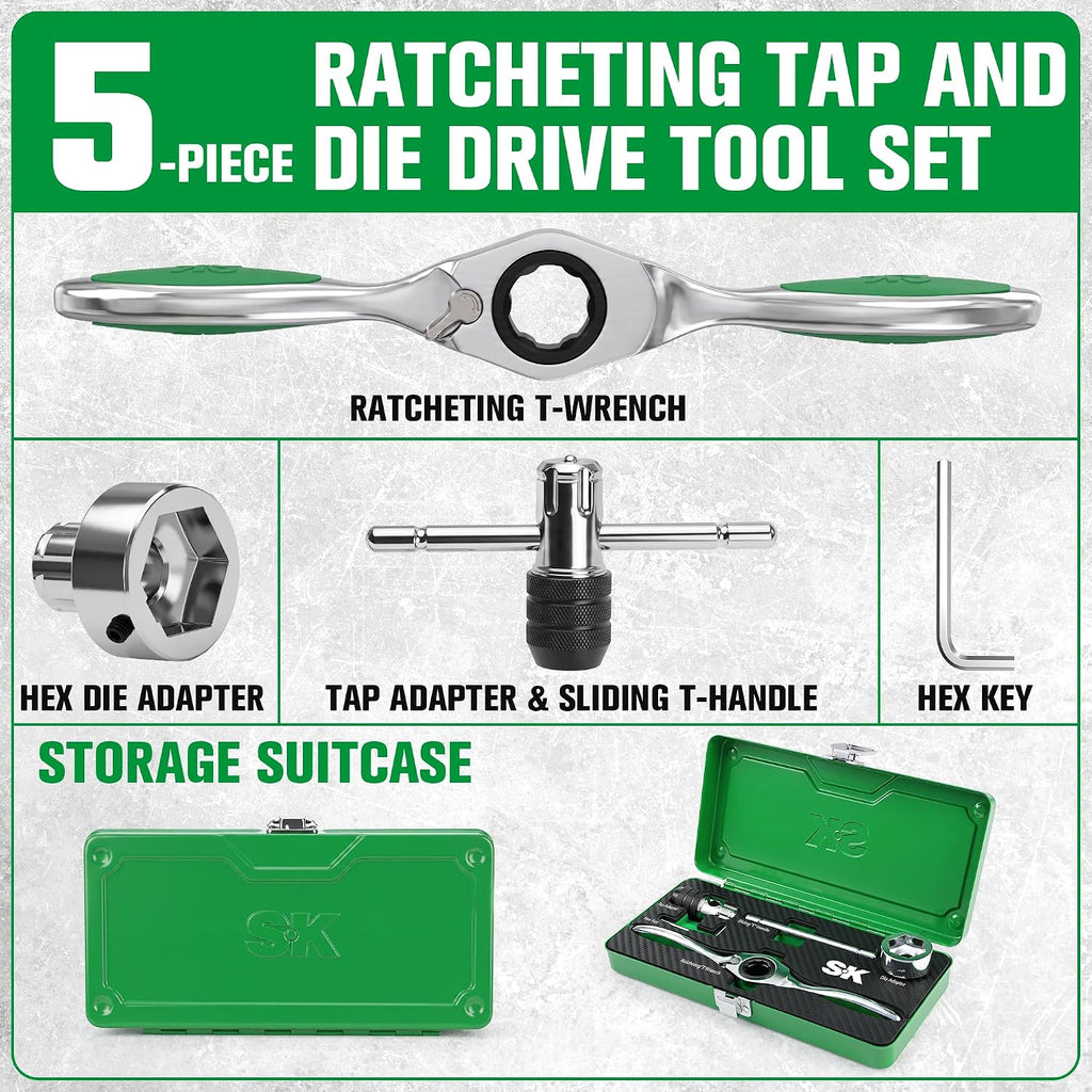 SK 5-Piece Ratcheting Tap and Die Drive Tool Set, Thread Repair Kit