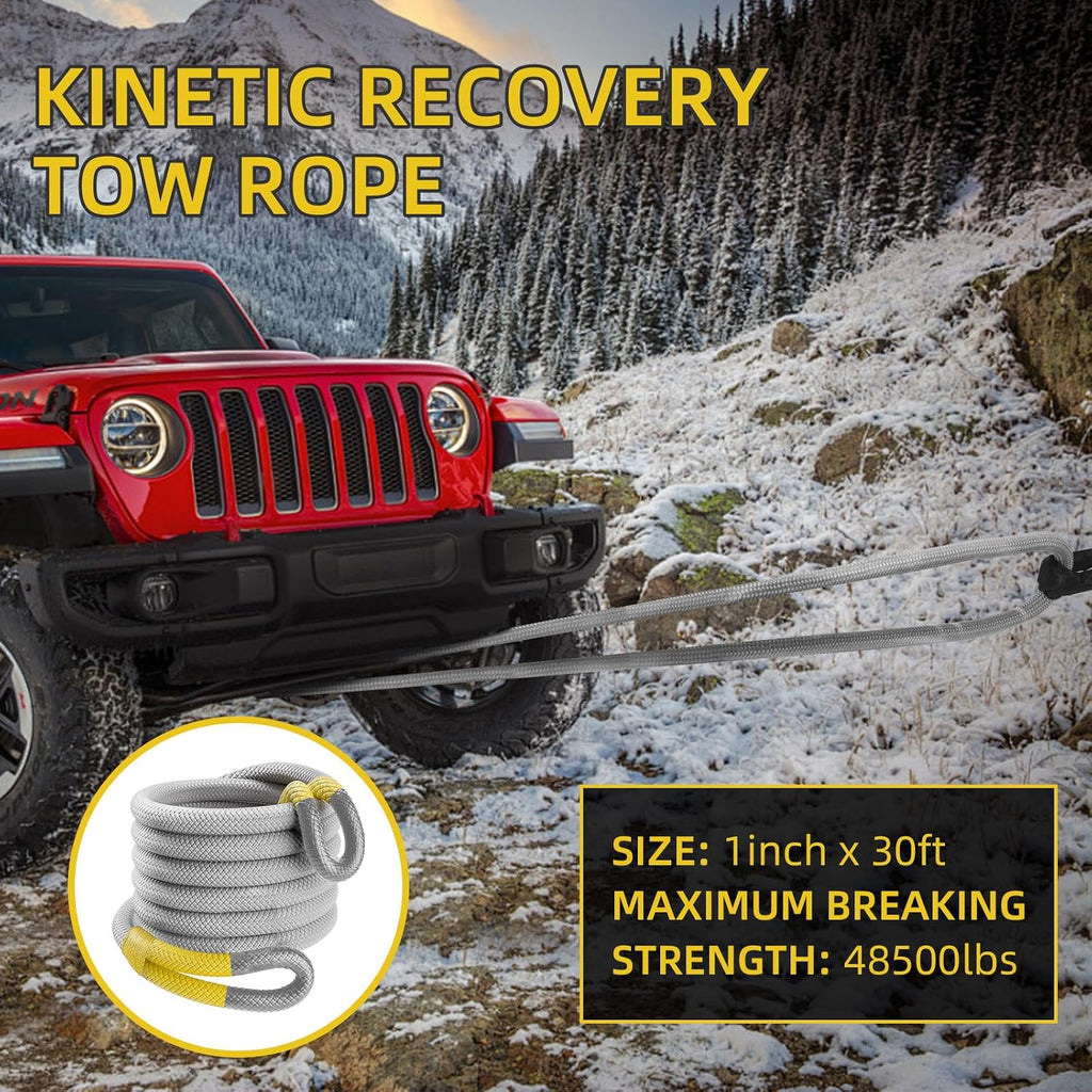 1" x 30' Kinetic Recovery Tow Rope (48,500lbs) with 2 Soft Shackles (56,000 lbs), Heavy Duty Offroad Towing Straps