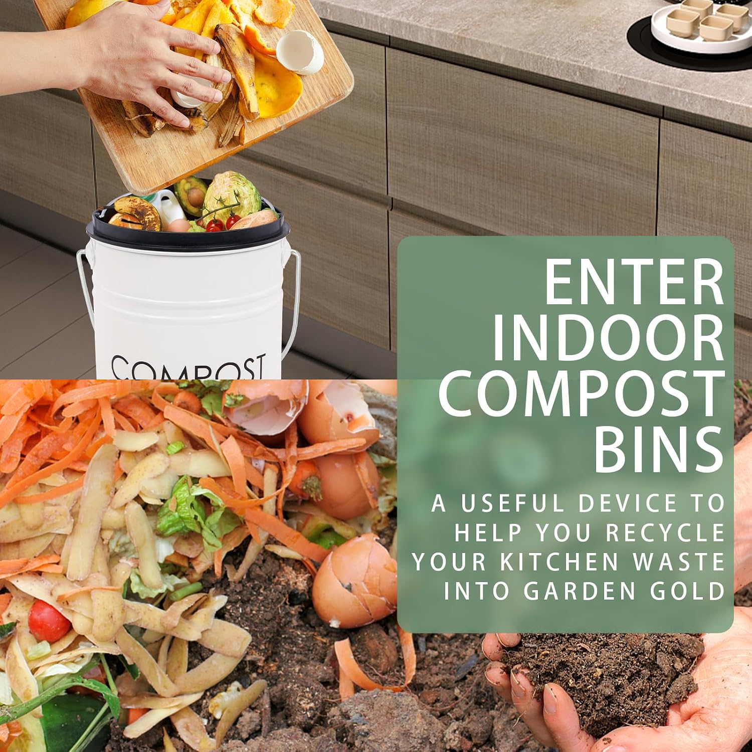 Compost Bin for Kitchen Countertop,1.3 Gal Metal Compost Container | Indoor Compost Bucket with Lid Includes Inner