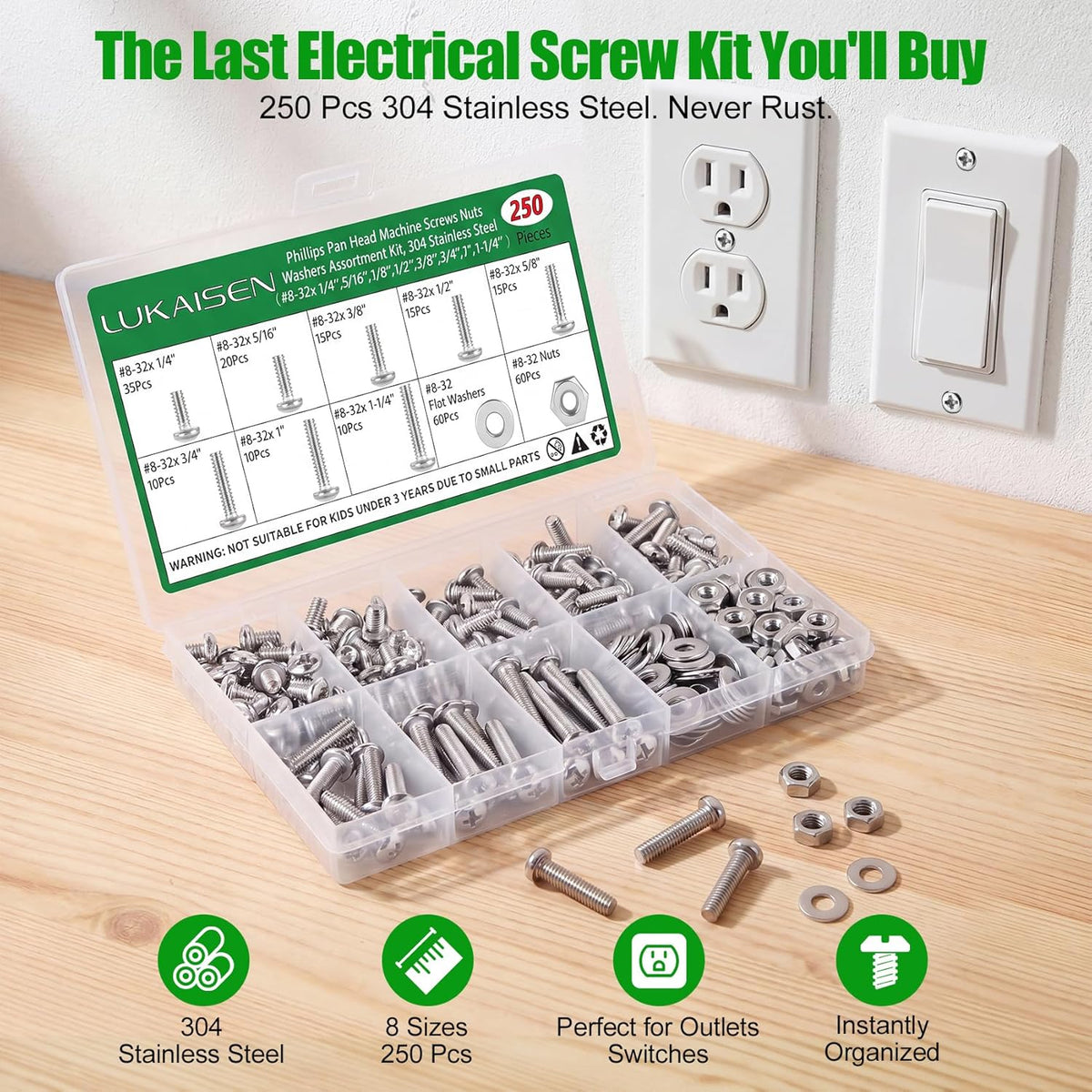 250 Pcs #8-32 Pan Head Machine Screws Nut Washer Bolt Kit,304 SS