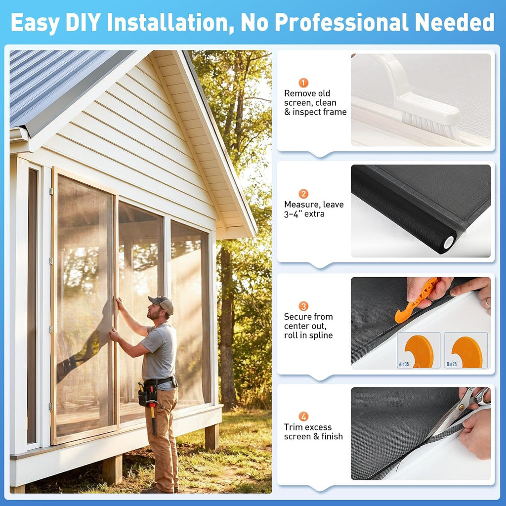 Heavy-Duty Window Screen Mesh, Screen Replacement for Windows & Doors, 48"W x 99"L