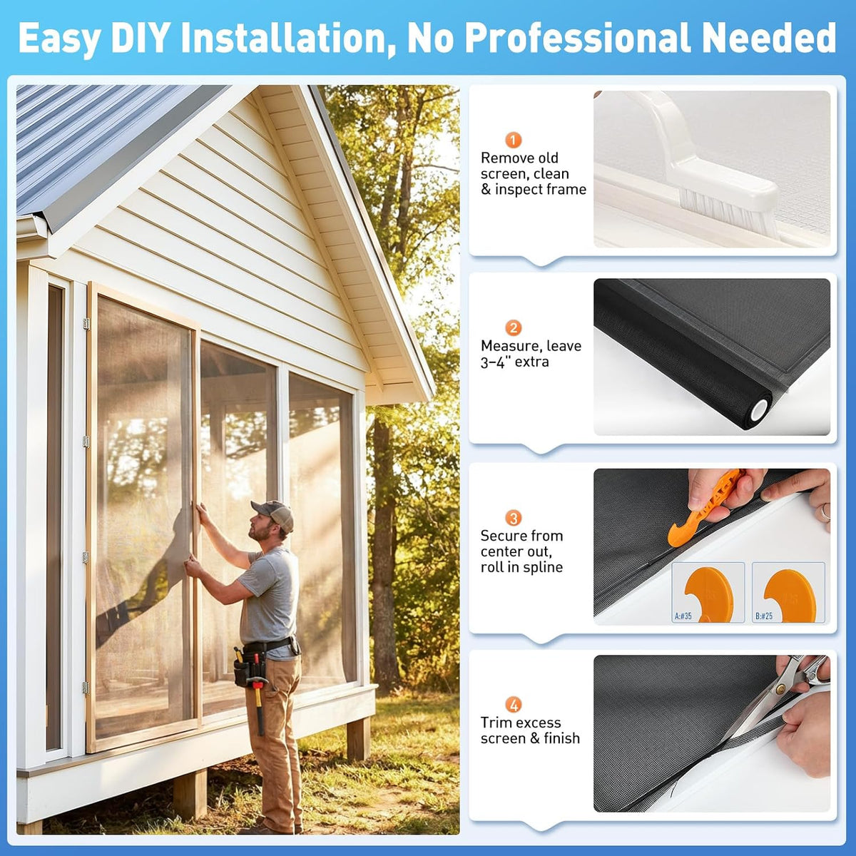 Heavy-Duty Window Screen Mesh, Screen Replacement for Windows & Doors, 48"W x 99"L