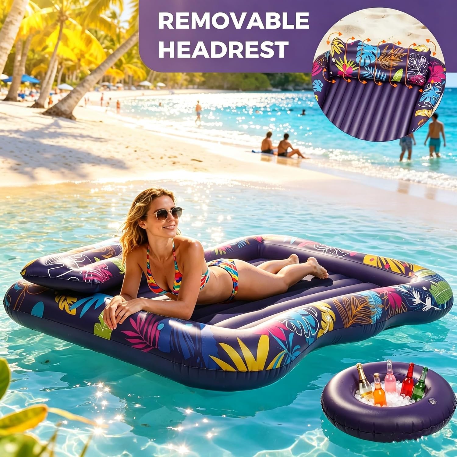Extra Large Pool Floats Adult, 81" x 60" Inflatable Tanning Pool Lounger Float with Pillow and Cup Holders, Sun