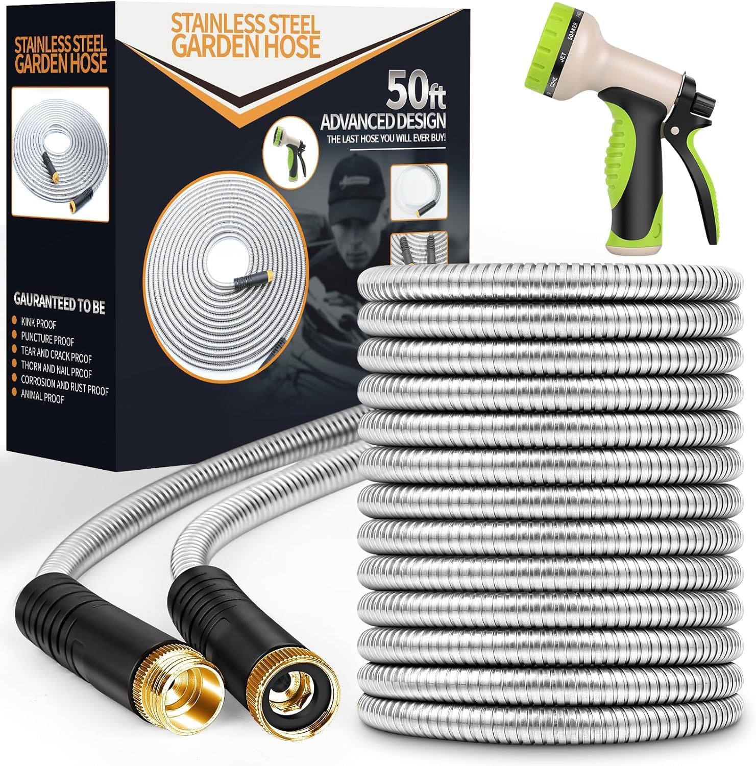 Garden Hose 50 ft, Stainless Steel Water Hose with 10 Function Nozzle Flexible, Heavy Duty, Lightweight, No-Kink, Pet