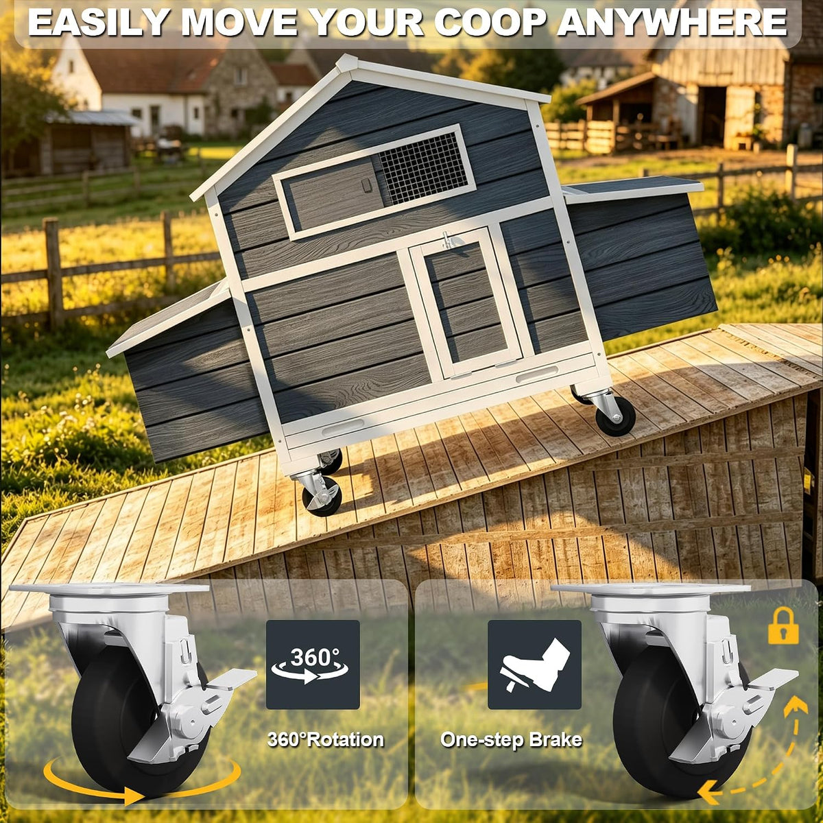 Large Chicken Coop with Wheels, Waterproof Outdoor Hen House for 6-8 Chickens, Movable Chicken House with Nesting