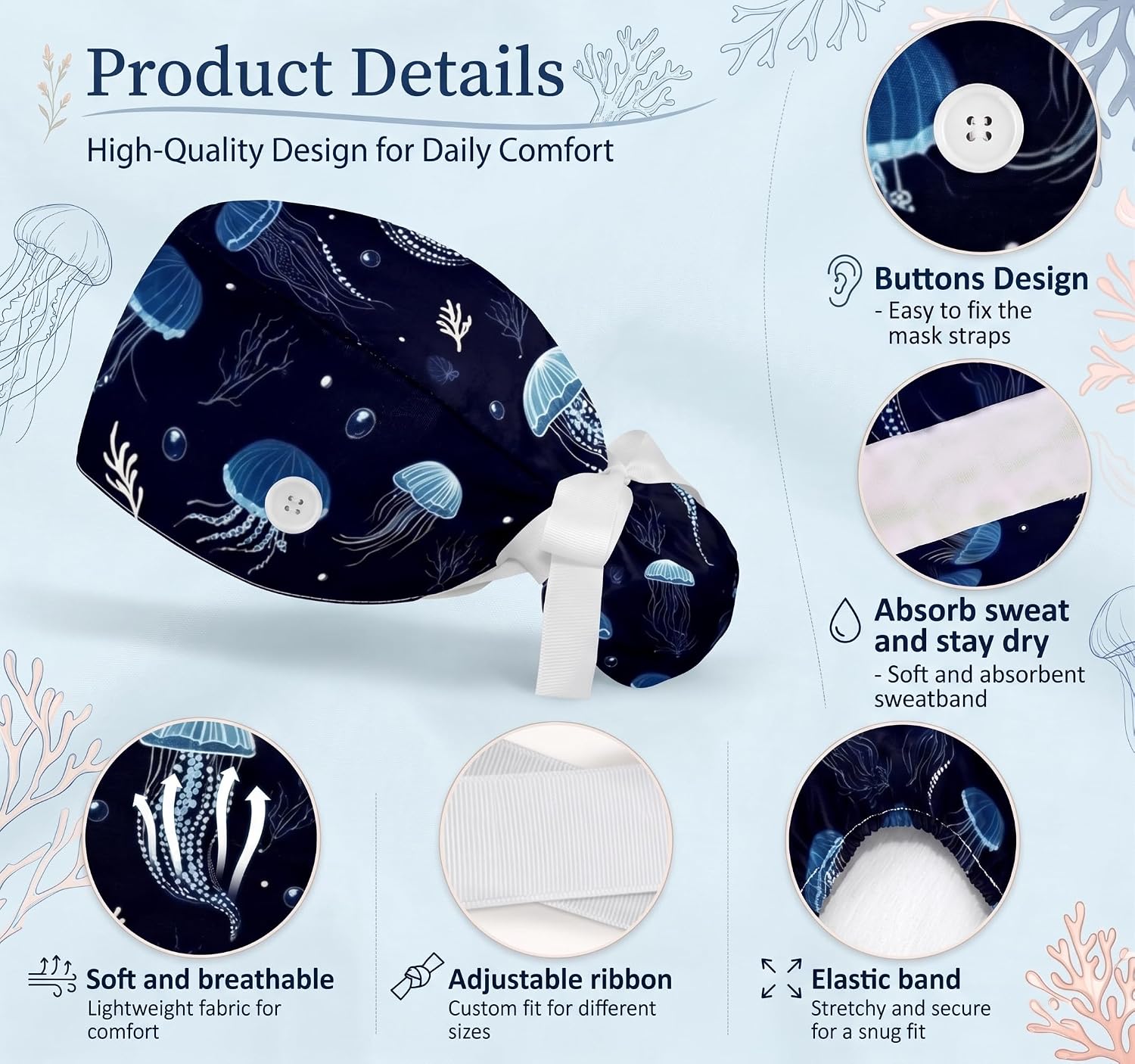 Scrub Caps Women Jellyfish Nurse Hats Ponytail Tie Back