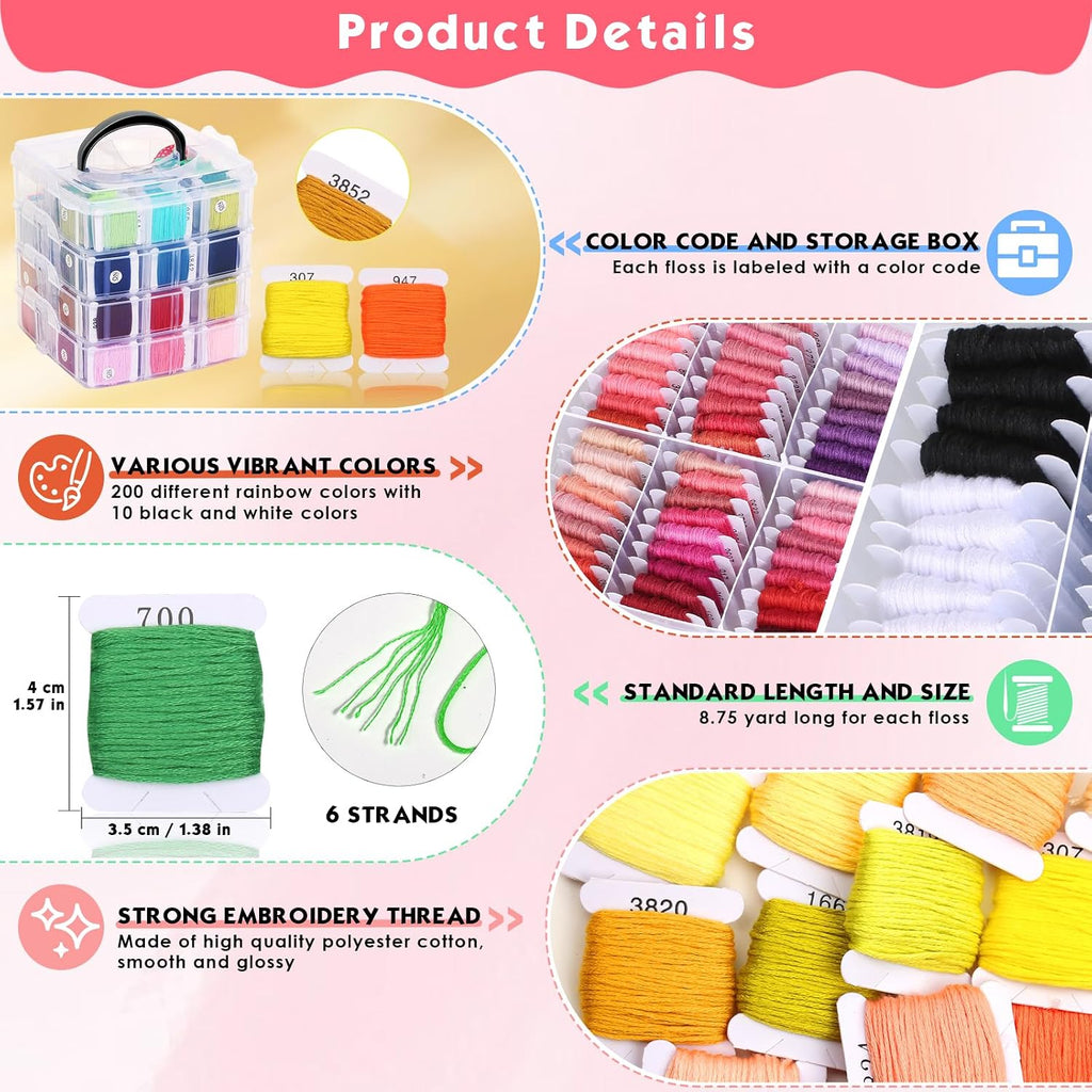 276 Pack Embroidery Floss Thread Kit Including 210 Colors Cross Stitch Sewing Thread with 66 Pcs Embroidery