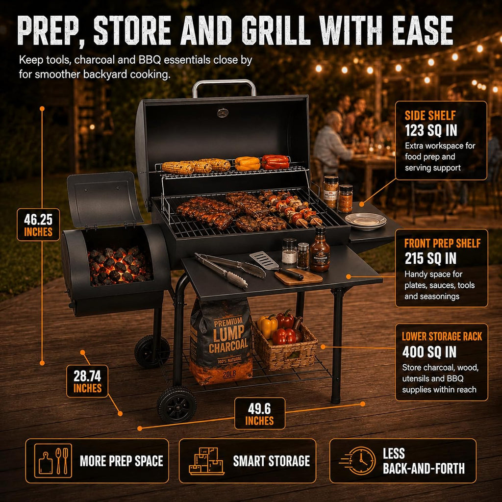 Charcoal Grill with Offset Smoker: Spacious Barrel Charcoal Grills