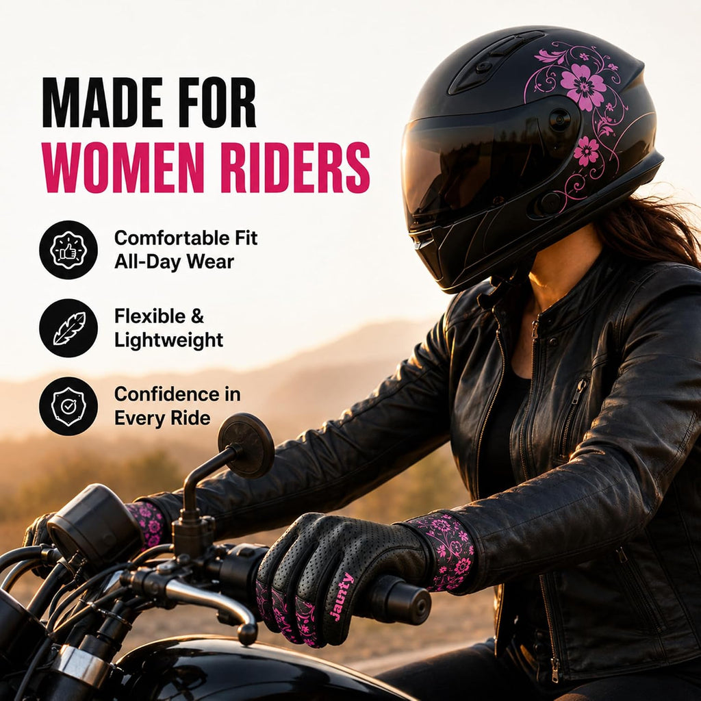 Motorcycle Gloves for Women, Leather Touchscreen Riding Gloves with Hard Knuckle Protection, Perforated Breathable
